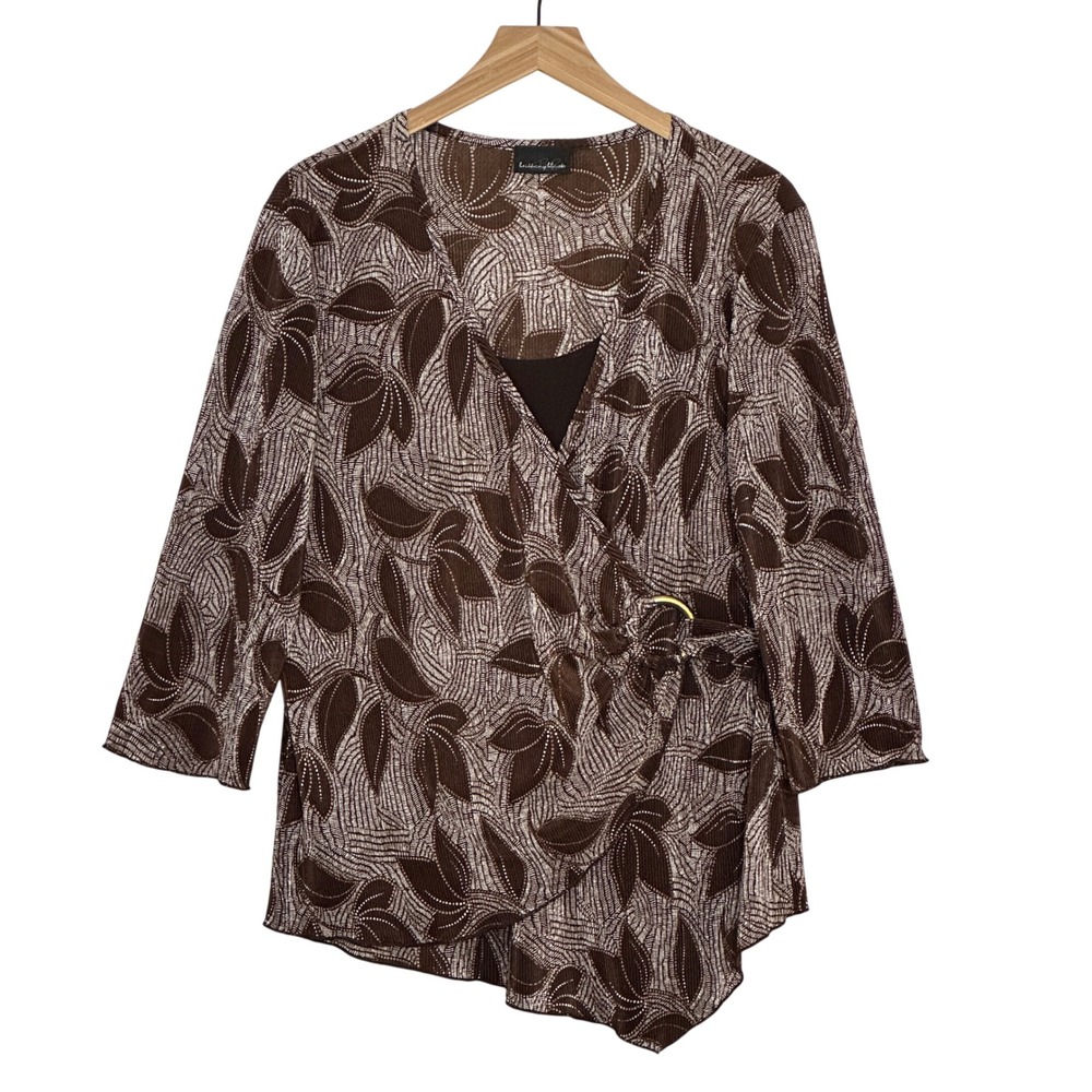 VTG 90s Y2K Womens Top L Brown Crinkle Jersey Leaf Faux Wrap Asymmetrical Chic
